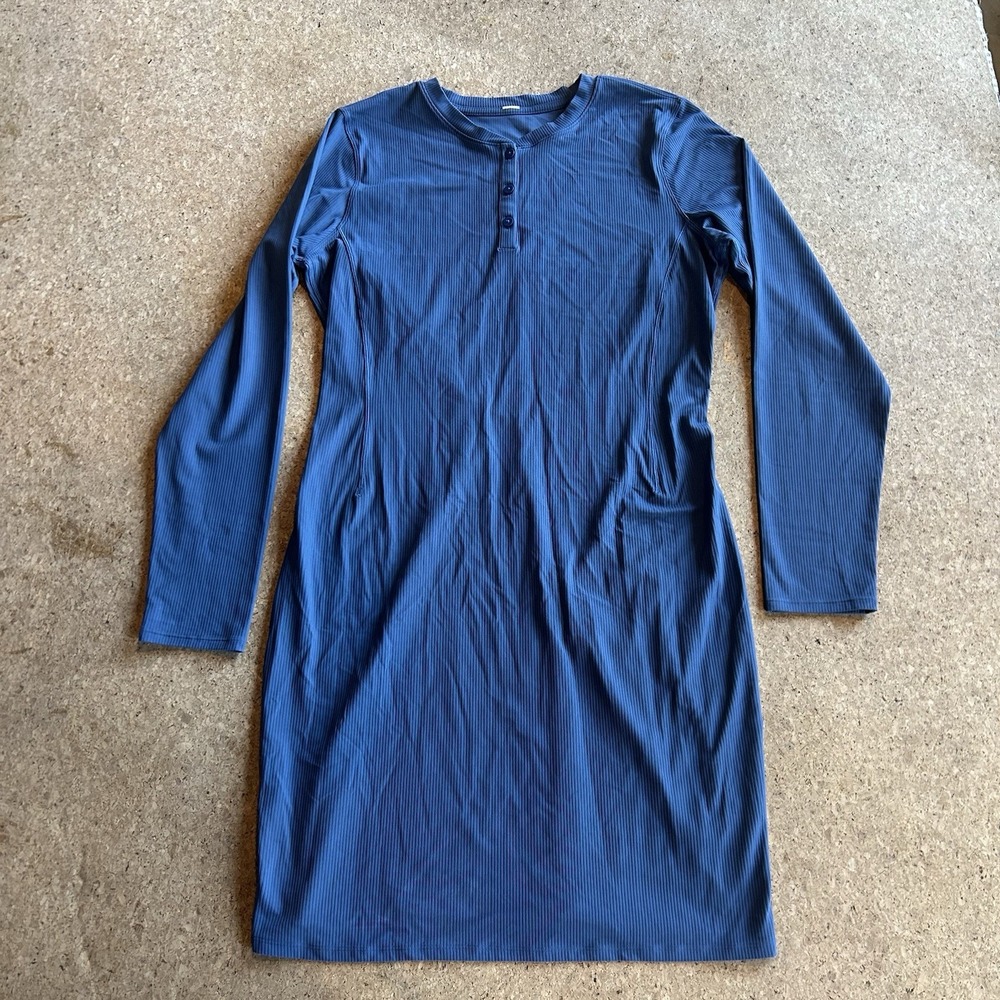 Lululemon All Aligned Ribbed Henley Dress Blue Twill Nulu Size 12 Mini NWOT